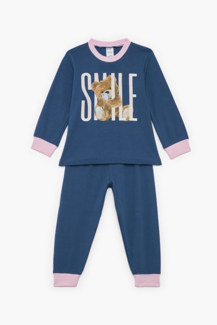 Πιτζάμα Βρεφική - Παιδική Χειμερινή με Τύπωμα Best Smile Μπλε Ραφ - Ροζ Βαμβακερή 100% | Pretty Baby