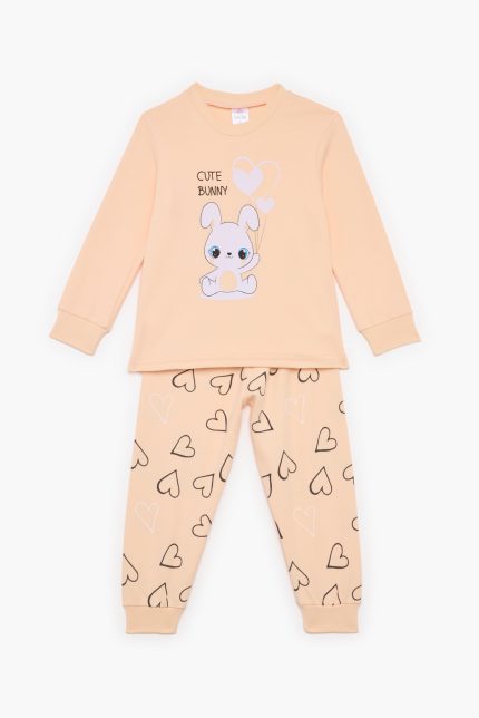 Πιτζάμα Βρεφική - Παιδική Χειμερινή με Τύπωμα Cute Bunny Ροδακινί Βαμβακερή 100% | Pretty Baby