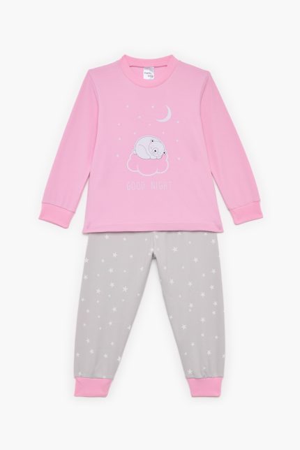 Πιτζάμα Βρεφική - Παιδική Χειμερινή με Τύπωμα Good Night Ροζ - Γκρι Βαμβακερή 100% | Pretty Baby