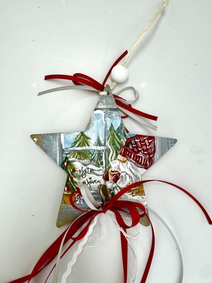 Ξύλινο Μεγάλο Αστέρι Στολισμένο & Ζωγραφισμένο στο Χέρι (12cm) | ΖΤΡ30ΓΧ3