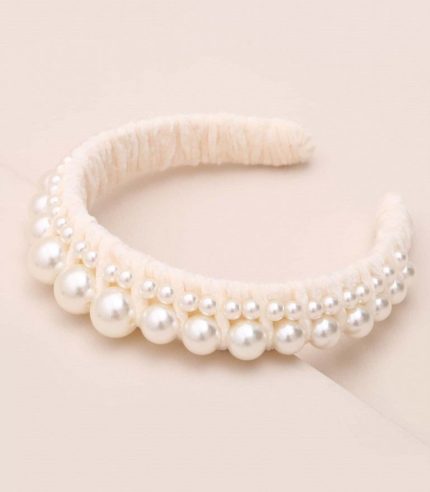 Βελούδινη Στέκα Μαλλιών με Πέρλες Glossy White (3x9.5x35cm) | ST26