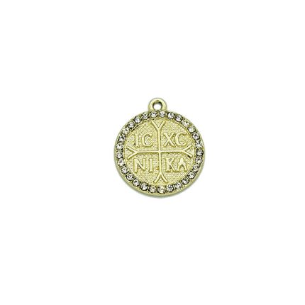 Gold circular pendant with a Christogram (IC XC NI KA) and a crystal-studded edge, hanging loop at top.