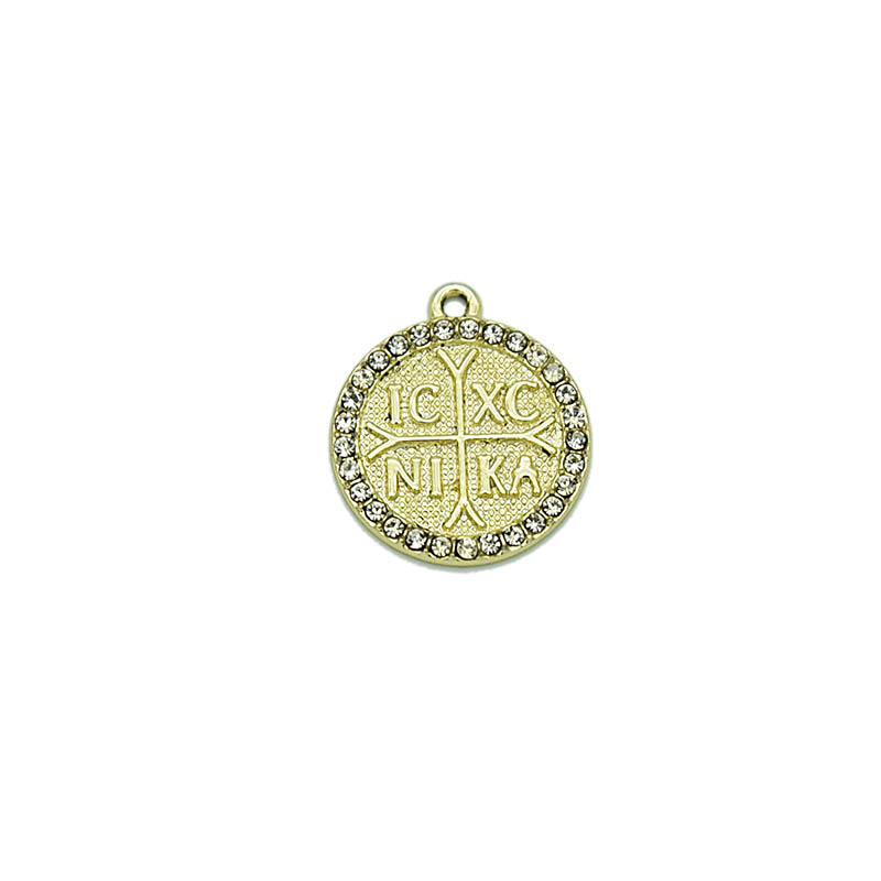 CDR35060203-11 | La Vie en Rose Gold circular pendant with a Christogram (IC XC NI KA) and a crystal-studded edge, hanging loop at top.