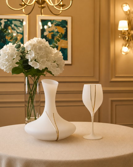 White ceramic vase with gold lines and a matching stemmed glass on a beige table, hydrangea bouquet in the background in an elegant room.