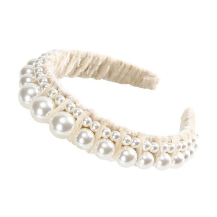 Βελούδινη Στέκα Μαλλιών με Πέρλες Glossy White (3x9.5x35cm) | ST26