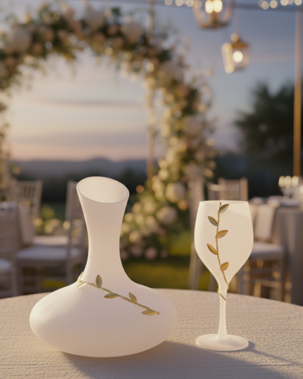 Σετ Γάμου Καράφα - Ποτήρι με Επίχρυση Βέργα με Φύλλα Ελιάς | STG8475