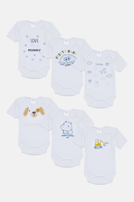 Βρεφικά Εσώρουχα Κορμάκια για Αγόρι 6τμχ Φαγάνα Λευκό-Σιέλ, Κοντό Μανίκι, Βαμβακερά 100% - Pretty Baby