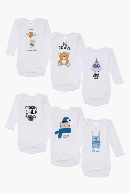 Βρεφικά Εσώρουχα Κορμάκια για Αγόρι 6τμχ Be Brave Λευκό, Μακρύ Μανίκι, Βαμβακερά 100% - Pretty Baby