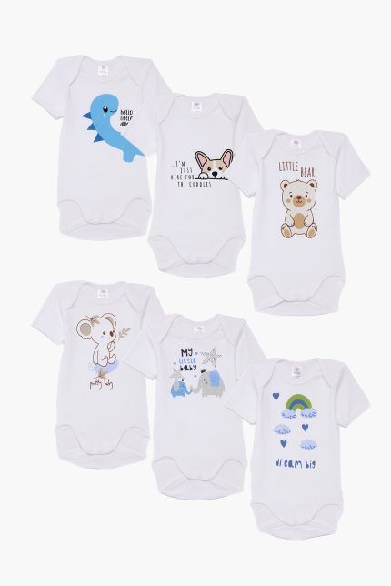 Βρεφικά Εσώρουχα Κορμάκια για Αγόρι 6τμχ Bear Λευκό, Κοντό Μανίκι, Βαμβακερά 100% - Pretty Baby