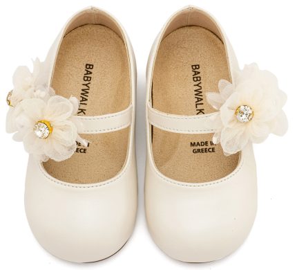 Babywalker Βαπτιστικό Παπουτσάκι Περπατήματος για Κορίτσι Γοβάκι Μονή Μπαρέτα με Διακοσμητικό Οργάντζας BS3604 Εκρού
