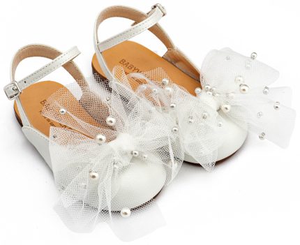 Babywalker Βαπτιστικό Παπουτσάκι Περπατήματος Γαλλικό Σαμπό με Φιόγκο και Πέρλες BW4882 Εκρού