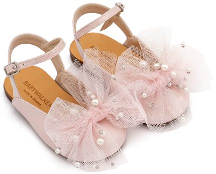 Babywalker Βαπτιστικό Παπουτσάκι Περπατήματος Γαλλικό Σαμπό με Φιόγκο και Πέρλες BW4882 Ροζ