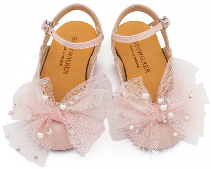 Babywalker Βαπτιστικό Παπουτσάκι Περπατήματος Γαλλικό Σαμπό με Φιόγκο και Πέρλες BW4882 Ροζ