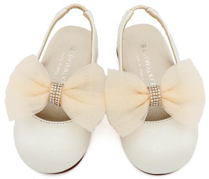 Babywalker Βαπτιστικό Παπουτσάκι Περπατήματος Γαλλικό Σαμπό με Φιόγκο Οργάντζας και Στρας BW4883 Εκρού