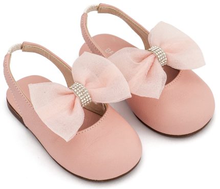 Babywalker Βαπτιστικό Παπουτσάκι Περπατήματος Γαλλικό Σαμπό με Φιόγκο Οργάντζας και Στρας BW4883 Ροζ