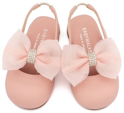 Babywalker Βαπτιστικό Παπουτσάκι Περπατήματος Γαλλικό Σαμπό με Φιόγκο Οργάντζας και Στρας BW4883 Ροζ