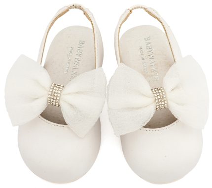 Babywalker Βαπτιστικό Παπουτσάκι Περπατήματος Γαλλικό Σαμπό με Φιόγκο Οργάντζας και Στρας BW4883 Λευκό