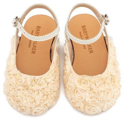 Babywalker Βαπτιστικό Παπουτσάκι Περπατήματος Γαλλικό Σαμπό με Chiffon Λουλούδια BW4884 Εκρού