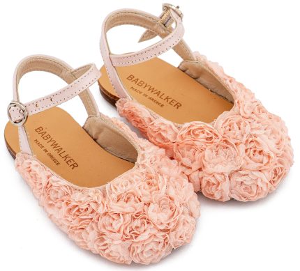 Babywalker Βαπτιστικό Παπουτσάκι Περπατήματος Γαλλικό Σαμπό με Chiffon Λουλούδια BW4884 Ροζ
