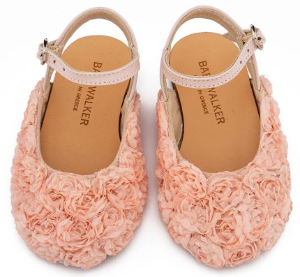 Babywalker Βαπτιστικό Παπουτσάκι Περπατήματος Γαλλικό Σαμπό με Chiffon Λουλούδια BW4884 Ροζ