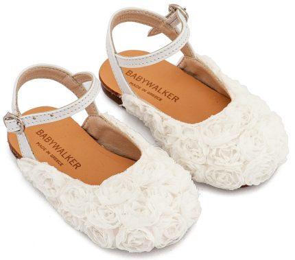 Babywalker Βαπτιστικό Παπουτσάκι Περπατήματος Γαλλικό Σαμπό με Chiffon Λουλούδια BW4884 Λευκό