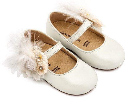 Babywalker Βαπτιστικό Παπουτσάκι Περπατήματος Γοβάκι με Λουλούδια και Πούπουλα BW4887 Εκρού