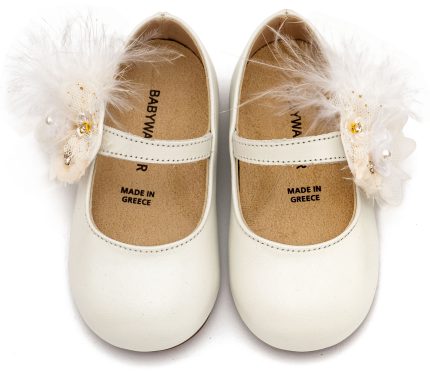 Babywalker Βαπτιστικό Παπουτσάκι Περπατήματος Γοβάκι με Λουλούδια και Πούπουλα BW4887 Εκρού