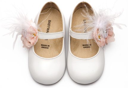 Babywalker Βαπτιστικό Παπουτσάκι Περπατήματος Γοβάκι με Λουλούδια και Πούπουλα BW4887 Λευκό Ροζ