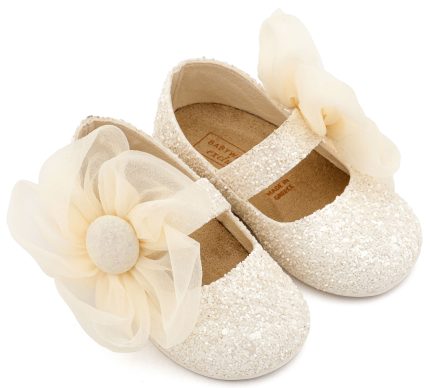 Babywalker Βαπτιστικό Γοβάκι Περπατήματος Γοβάκι Μονή Μπαρέτα Διακοσμημένο με Μεγάλο Λουλούδι Οργάντζας EXC5899 Εκρού