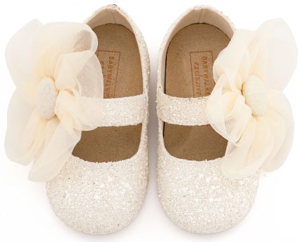 Babywalker Βαπτιστικό Γοβάκι Περπατήματος Γοβάκι Μονή Μπαρέτα Διακοσμημένο με Μεγάλο Λουλούδι Οργάντζας EXC5899 Εκρού