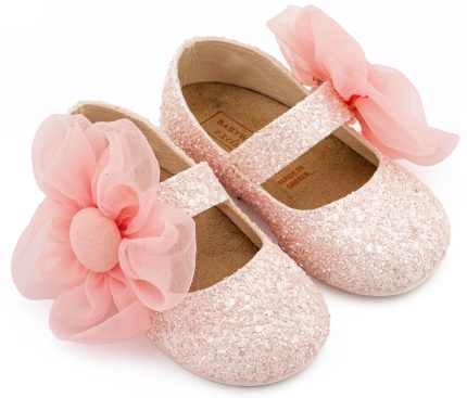 Babywalker Βαπτιστικό Γοβάκι Περπατήματος Γοβάκι Μονή Μπαρέτα Διακοσμημένο με Μεγάλο Λουλούδι Οργάντζας EXC5899 Ροζ