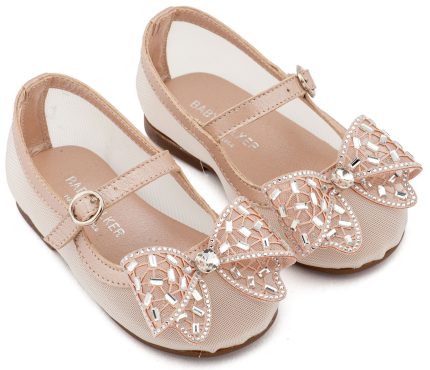 Babywalker Βαπτιστικό Γοβάκι από Ύφασμα Φιλντιρέ και Φιόγκο Στρας EXC5903 Ροζ Αντικέ