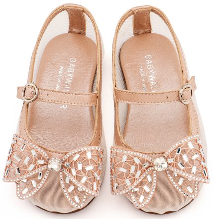 Babywalker Βαπτιστικό Γοβάκι από Ύφασμα Φιλντιρέ και Φιόγκο Στρας EXC5903 Ροζ Αντικέ