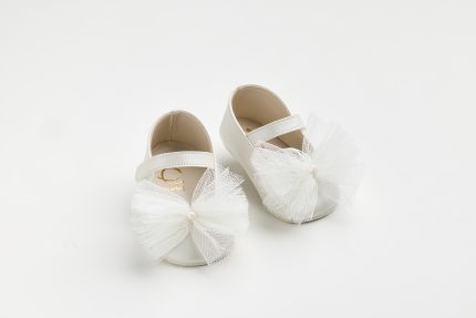 Χειροποίητη Βαπτιστική Μπαλαρίνα Αγκαλιάς Εκρού με Χειροποίητο Τούλινο Φιόγκο για Κορίτσι Off White K602A | Everkid