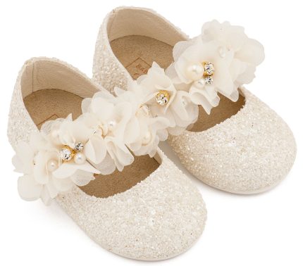 Babywalker Βαπτιστικό Γοβάκι Μονή Μπαρέτα Στρας με Λουλούδια Πέρλες και Κρύσταλα Swarovski LU6118 Εκρού