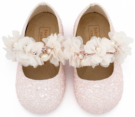 Babywalker Βαπτιστικό Γοβάκι Μονή Μπαρέτα Στρας με Λουλούδια Πέρλες και Κρύσταλα Swarovski LU6118 Ροζ