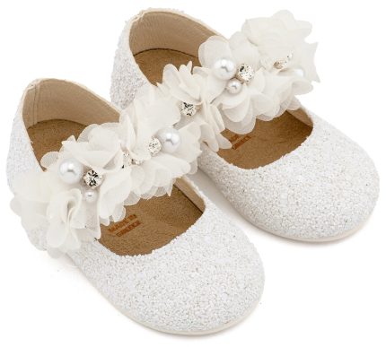 Babywalker Βαπτιστικό Γοβάκι Μονή Μπαρέτα Στρας με Λουλούδια Πέρλες και Κρύσταλα Swarovski LU6118 Λευκό