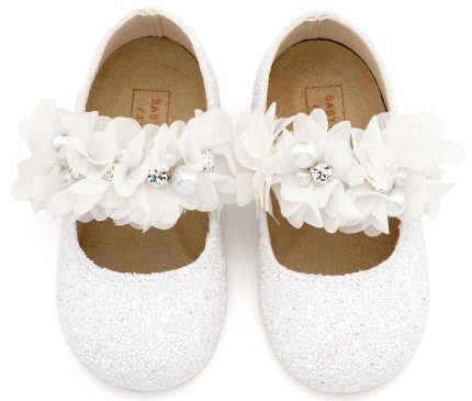 Babywalker Βαπτιστικό Γοβάκι Μονή Μπαρέτα Στρας με Λουλούδια Πέρλες και Κρύσταλα Swarovski LU6118 Λευκό