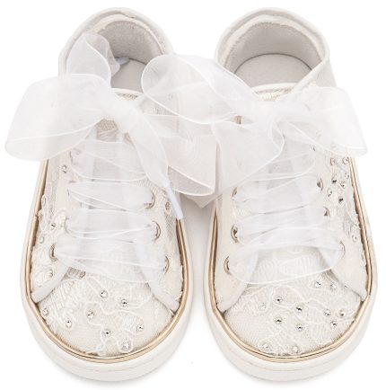 Babywalker Βαπτιστικό Sneaker από Ύφασμα Φιλντιρέ Λουλούδια LU6129 Λευκό