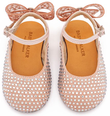 Babywalker Βαπτιστικό Σαμπό Διακοσμημένο Ολόγυρα με Στρας και Φιόγκο από Στρας στη Φτέρνα LU6132 Ροζ Αντικέ