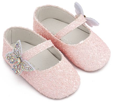 Babywalker Βαπτιστικό Παπουτσάκι Αγκαλιάς Γοβάκι Μονή Μπαρέτα Χρατς με Στρασένια Πεταλούδα MI1658 Ροζ