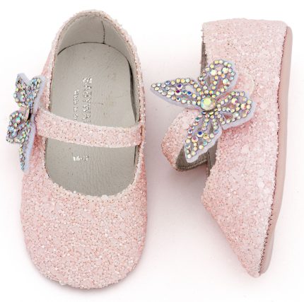 Babywalker Βαπτιστικό Παπουτσάκι Αγκαλιάς Γοβάκι Μονή Μπαρέτα Χρατς με Στρασένια Πεταλούδα MI1658 Ροζ