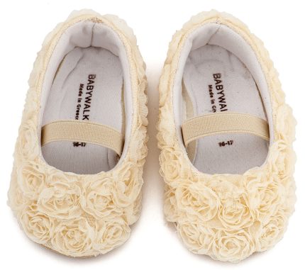 Babywalker Βαπτιστικό Παπουτσάκι Αγκαλιάς Μπαλαρινα Διακοσμημένη με Chiffon Λουλούδια MI1660 Εκρού