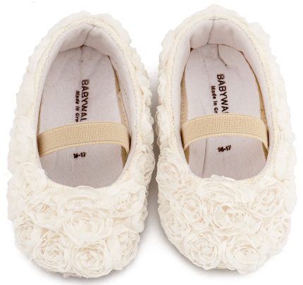 Babywalker Βαπτιστικό Παπουτσάκι Αγκαλιάς Μπαλαρινα Διακοσμημένη με Chiffon Λουλούδια MI1660 Λευκό