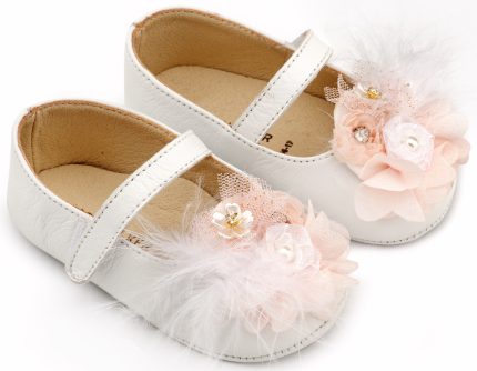 Babywalker Βαπτιστικό Παπουτσάκι Αγκαλιάς Γοβάκι Μονή Μπαρέτα με Υφασμάτινο Χειροποίητο Φιογκάκι MI1663 Λευκό-Ροζ