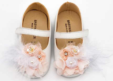 Babywalker Βαπτιστικό Παπουτσάκι Αγκαλιάς Γοβάκι Μονή Μπαρέτα με Υφασμάτινο Χειροποίητο Φιογκάκι MI1663 Λευκό-Ροζ