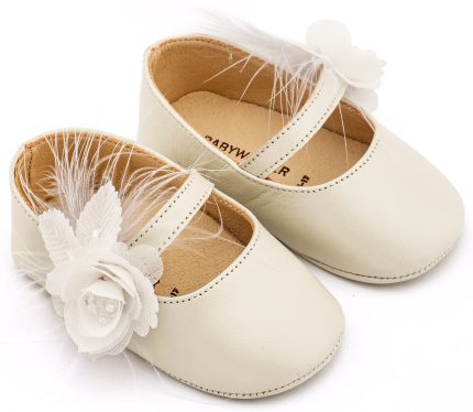 Babywalker Βαπτιστικό Παπουτσάκι Αγκαλιάς Γοβάκι Μονή Μπαρέτα Διακοσμημένο με Λουλούδι και Πούπουλα MI1664 Εκρού