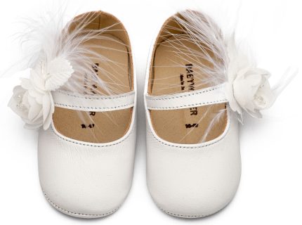 Babywalker Βαπτιστικό Παπουτσάκι Αγκαλιάς Γοβάκι Μονή Μπαρέτα Διακοσμημένο με Λουλούδι και Πούπουλα MI1664 Λευκό