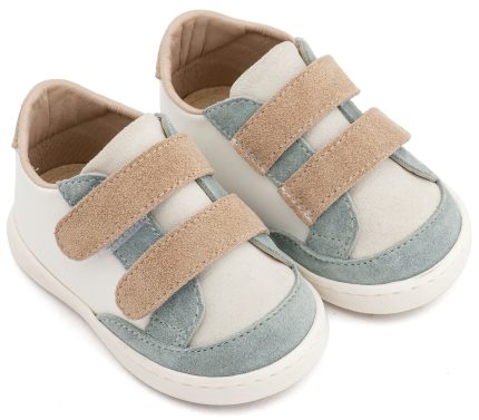 Babywalker Βαπτιστικό Παπουτσάκι για Αγόρι Τρίχρωμο Sneakers Διπλή Μπαρέτα Χρατς Λευκό-Μίνεραλ-Μπεζ PRI2125