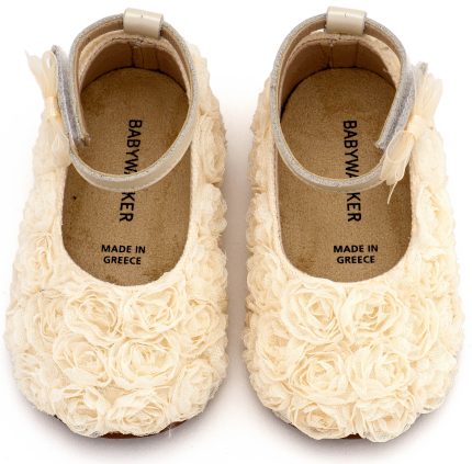 Babywalker Βαπτιστικό Παπουτσάκι για Πρώτα Βήματα Μπαλαρίνα Διακοσμημένη με Chiffon Λουλούδια PRI2654 Εκρού